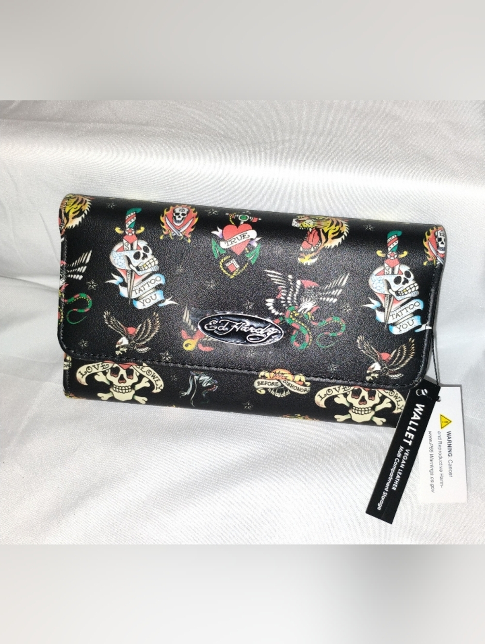 Ed Hardy Black Tattoo Motif Flap Wallet with Colorful Accents